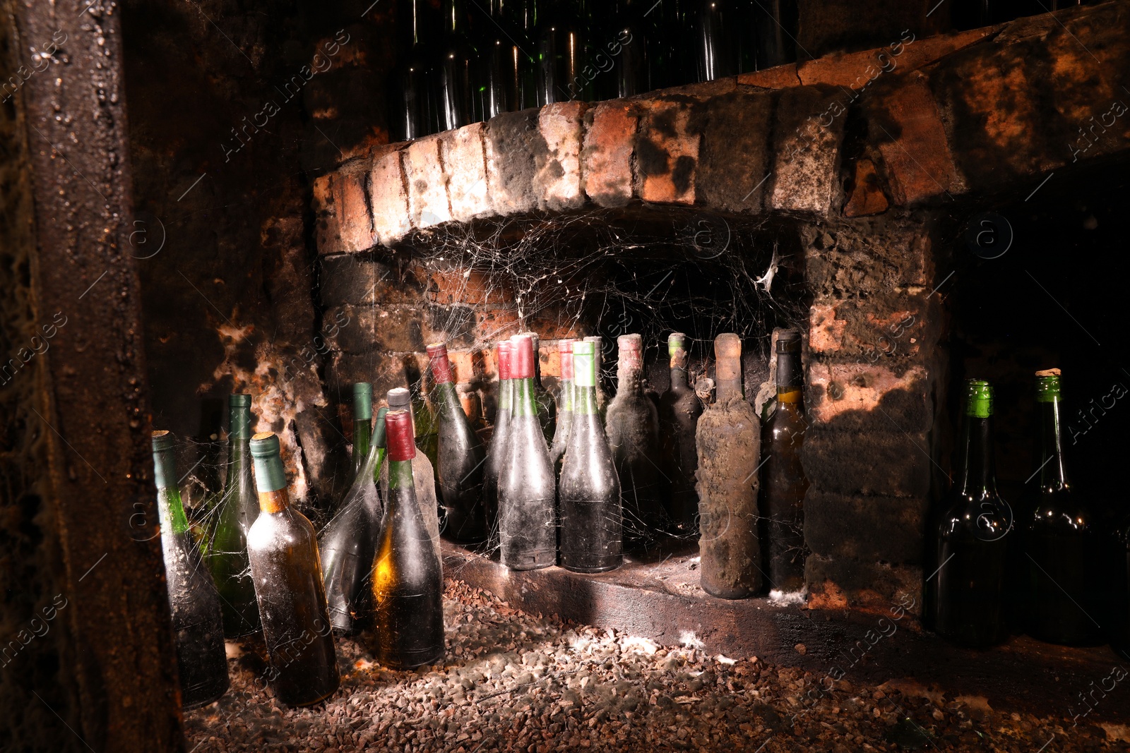 Photo of Many bottles of alcohol drinks with cobwebs on floor in cellar