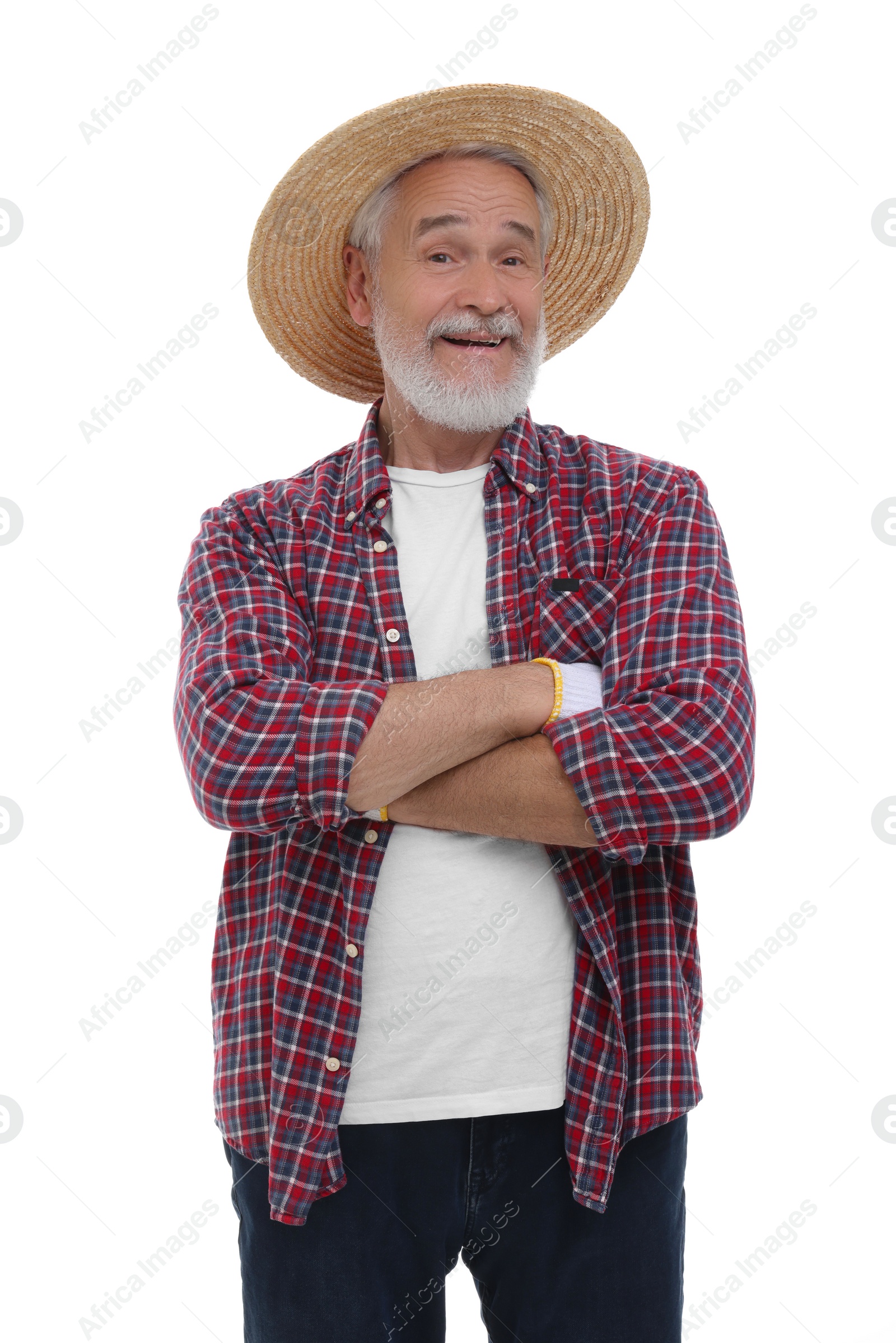 Photo of Harvesting season. Happy farmer with crossed arms on white background