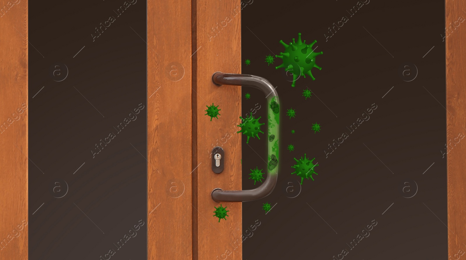 Image of Abstract illustration of virus, dirty door handle. Avoid touching objects and surfaces in public spaces during COVID-19 pandemic