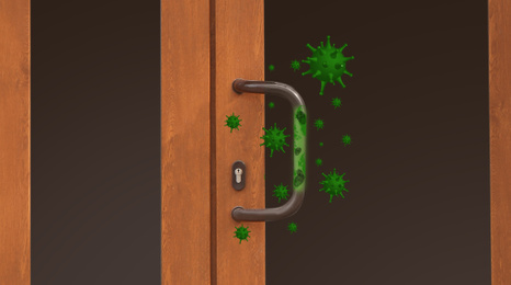 Image of Abstract illustration of virus, dirty door handle. Avoid touching objects and surfaces in public spaces during COVID-19 pandemic