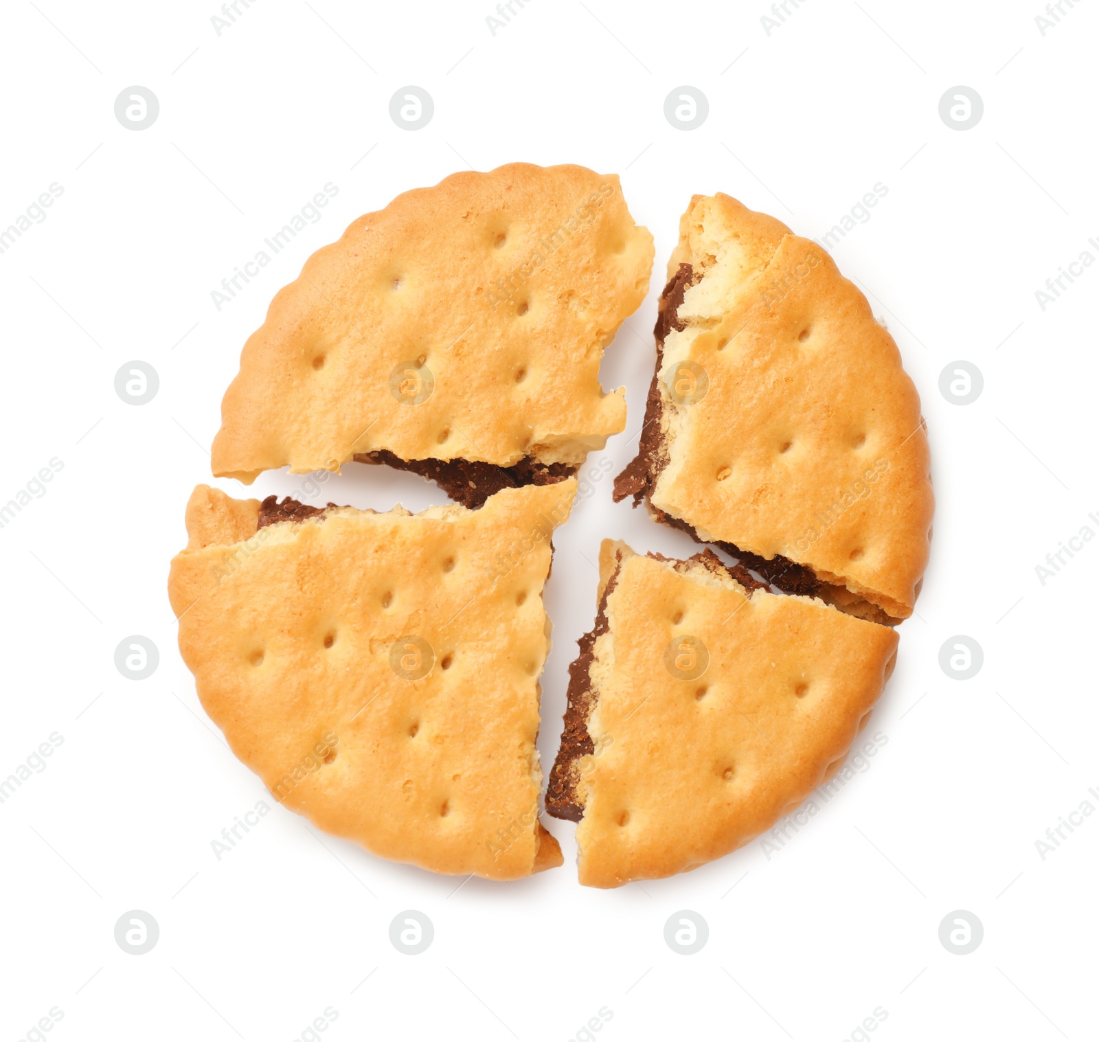 Photo of Broken tasty sandwich cookie isolated on white, top view