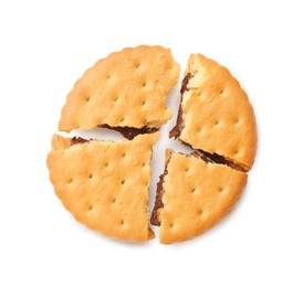 Photo of Broken tasty sandwich cookie isolated on white, top view