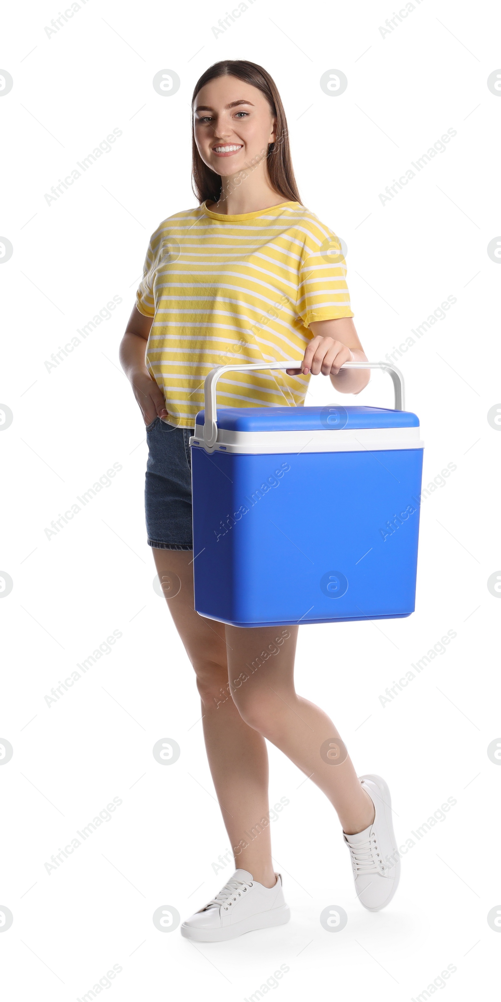 Photo of Happy young woman with plastic cool box isolated on white