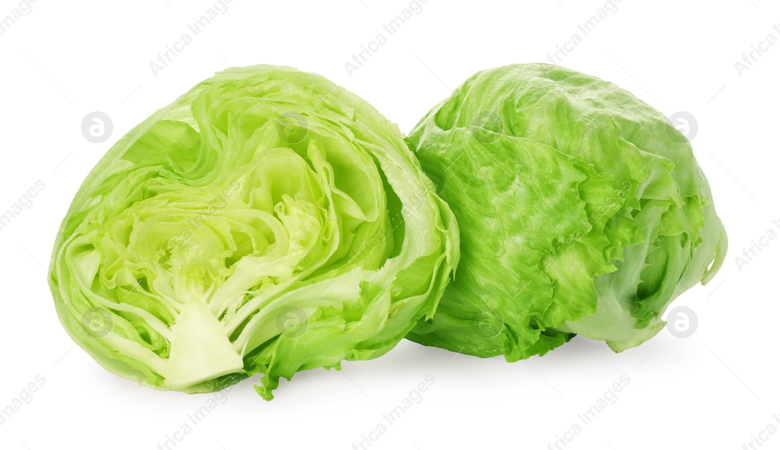 Photo of Whole and cut fresh green iceberg lettuces isolated on white