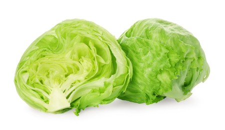 Photo of Whole and cut fresh green iceberg lettuces isolated on white