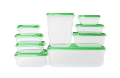 Photo of Empty plastic containers on white background. Food storage