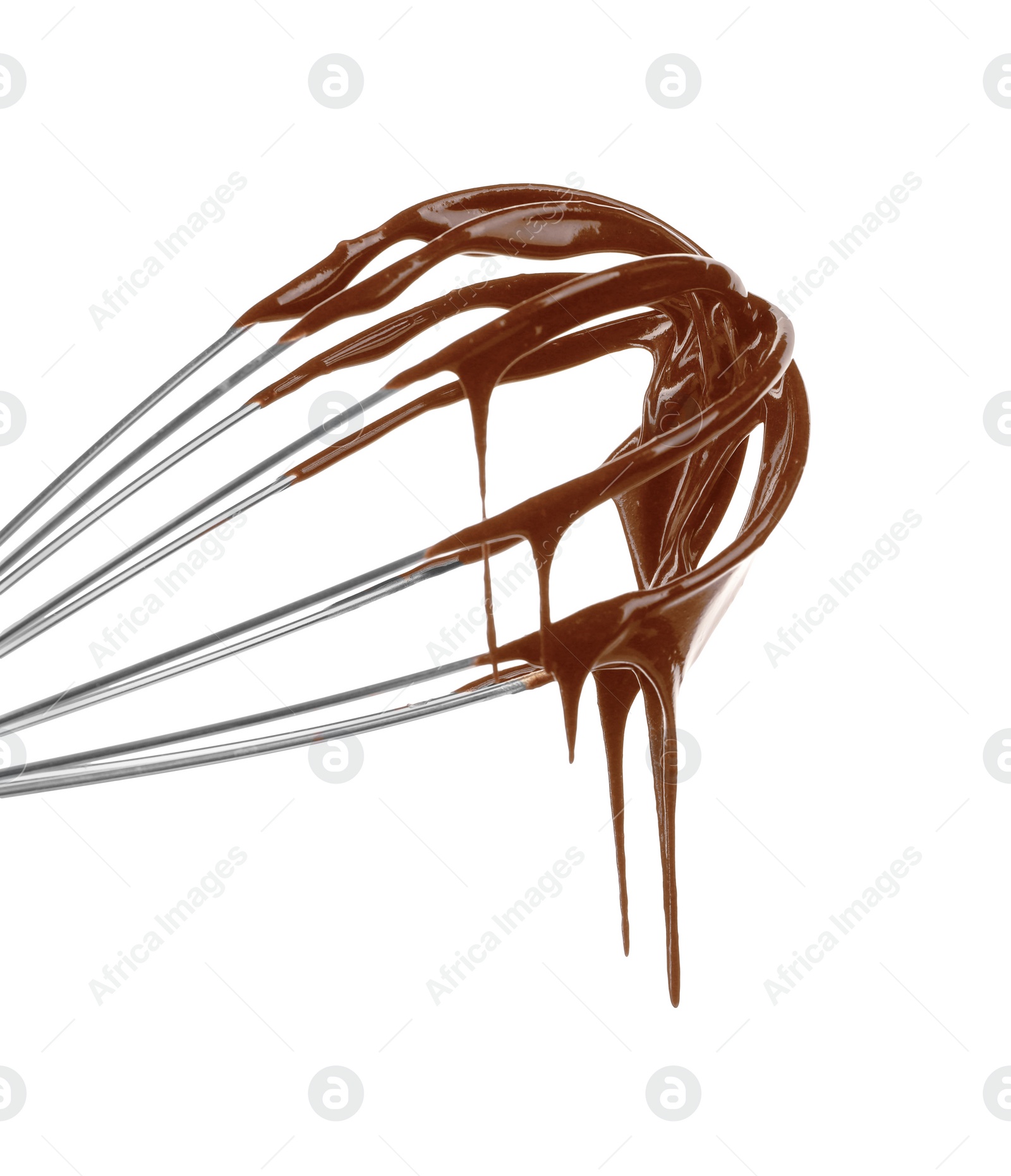 Photo of Chocolate cream dripping from whisk on white background, space for text