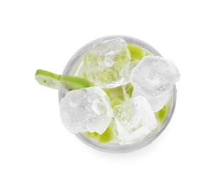 Glass of refreshing drink with kiwi isolated on white, top view