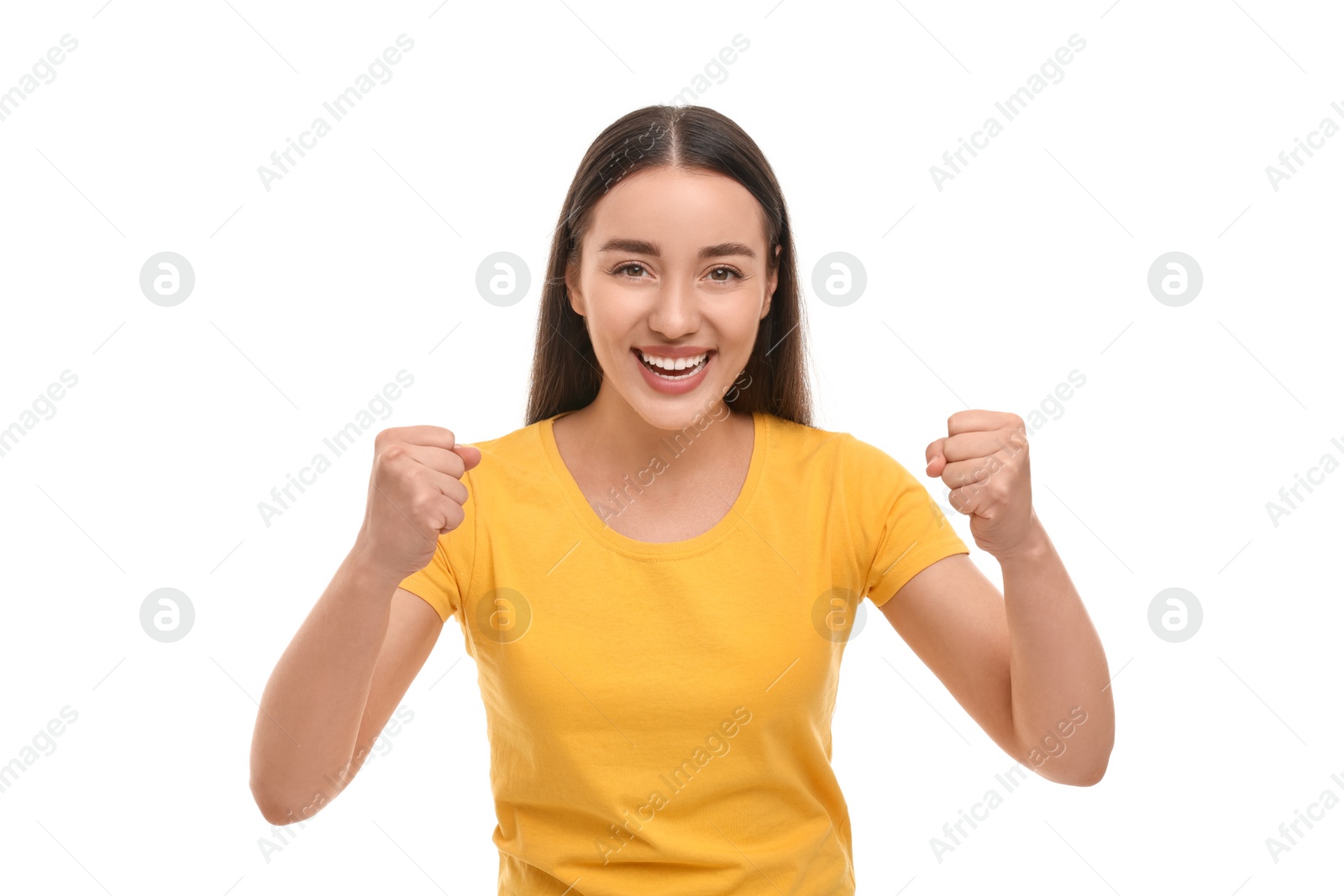 Photo of Happy sports fan celebrating isolated on white