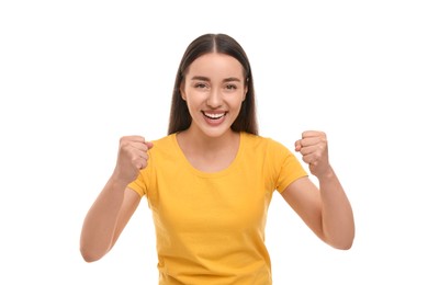 Happy sports fan celebrating isolated on white