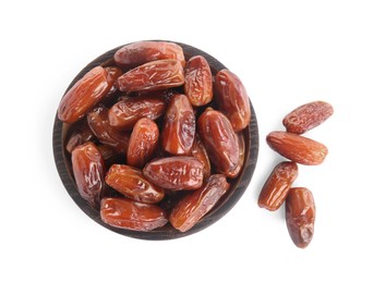 Photo of Tasty sweet dried dates on white background, top view