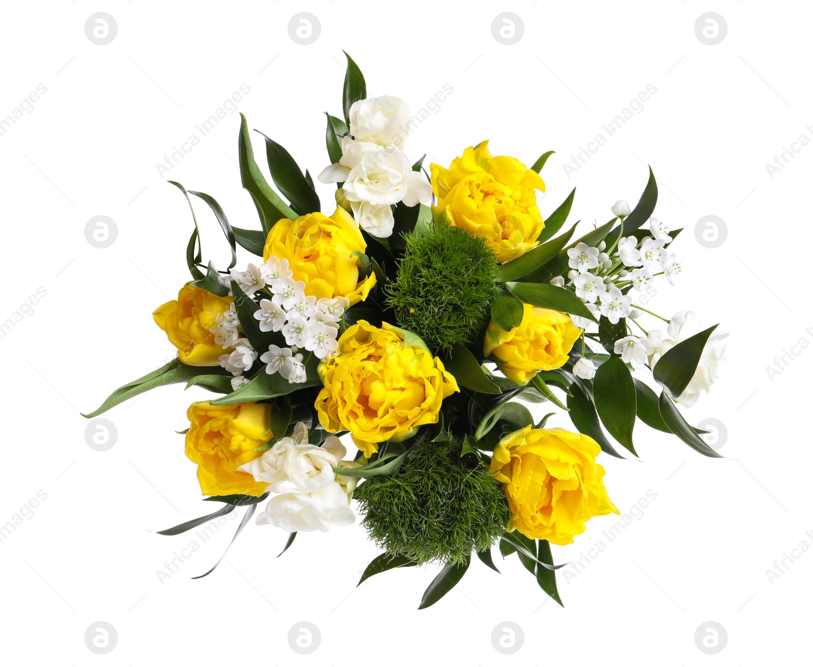 Photo of Beautiful bouquet with peony tulips isolated on white