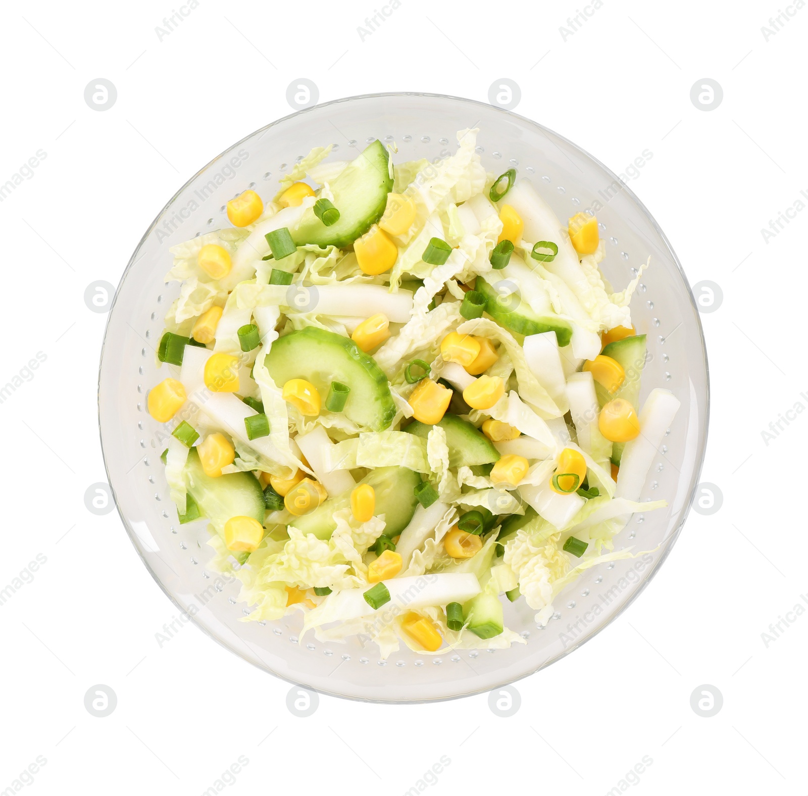 Photo of Tasty salad with Chinese cabbage, corn and cucumber in bowl isolated on white, top view