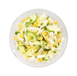 Photo of Tasty salad with Chinese cabbage, corn and cucumber in bowl isolated on white, top view