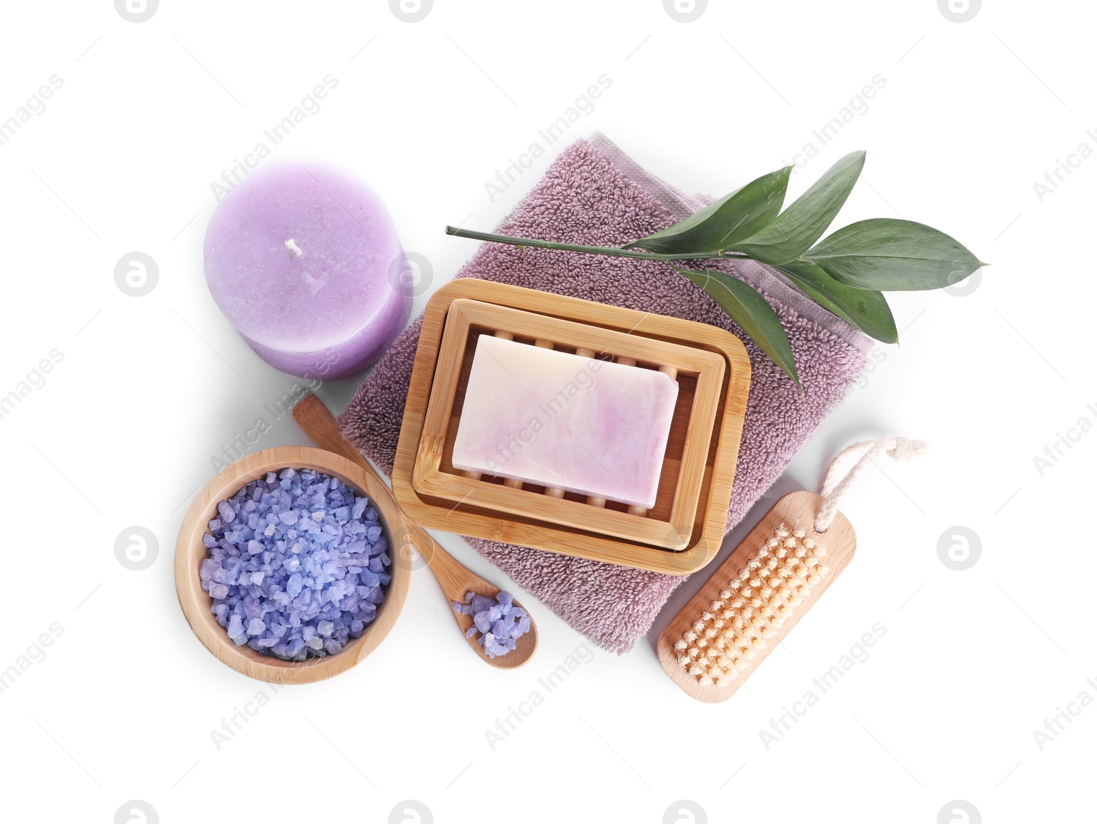 Photo of Composition with spa products and candle isolated on white, top view