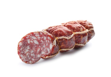 Tasty cut salami on white background. Meat product