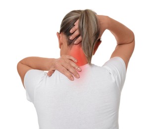 Image of Woman suffering from neck pain on white background, back view