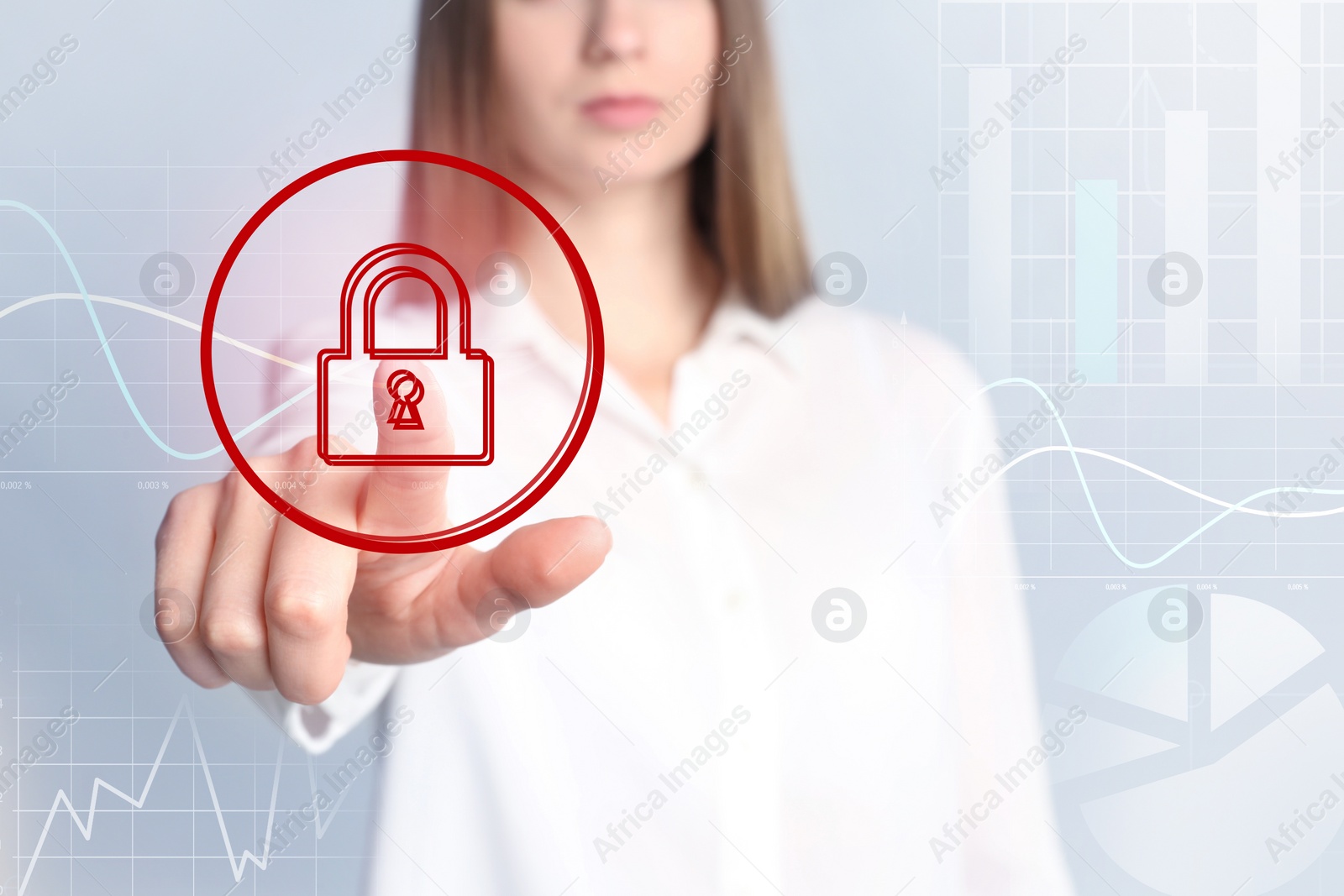 Image of Cyber crime protection. Businesswoman touching digital lock symbol, closeup