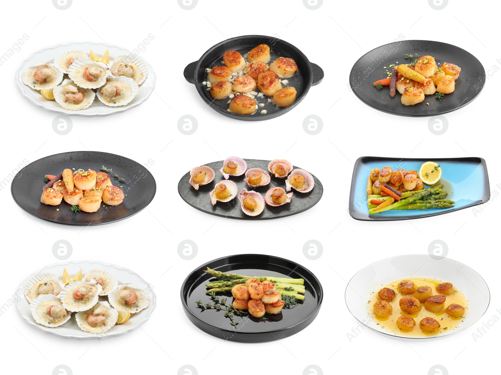 Image of Delicious fried scallops isolated on white, set