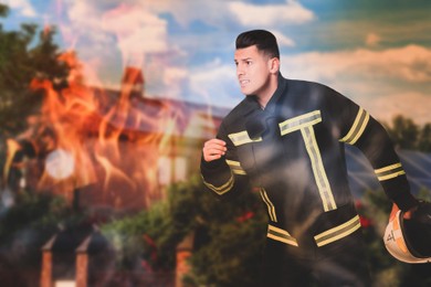 Image of Firefighter in uniform with helmet hurrying to rescue