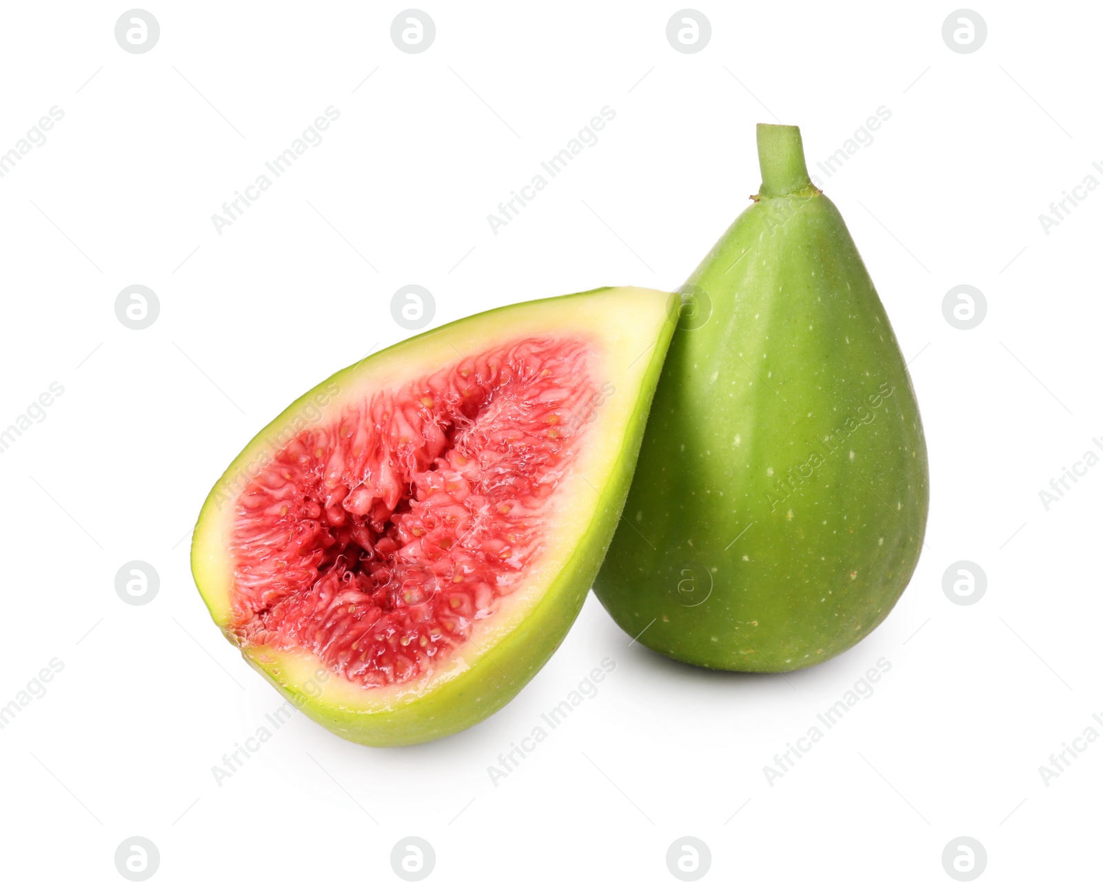 Photo of Cut and whole fresh green figs isolated on white