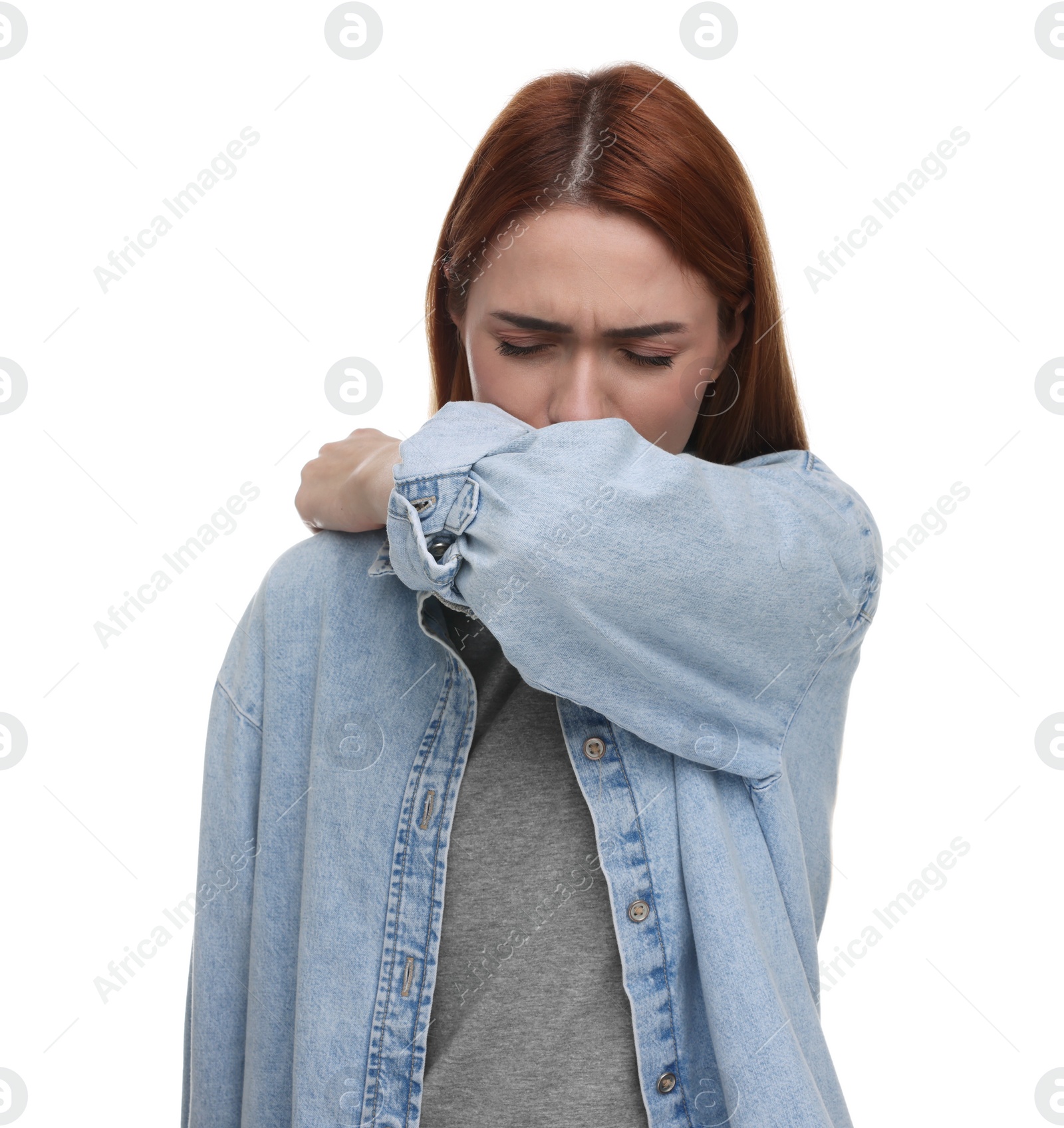 Photo of Woman coughing on white background. Cold symptoms