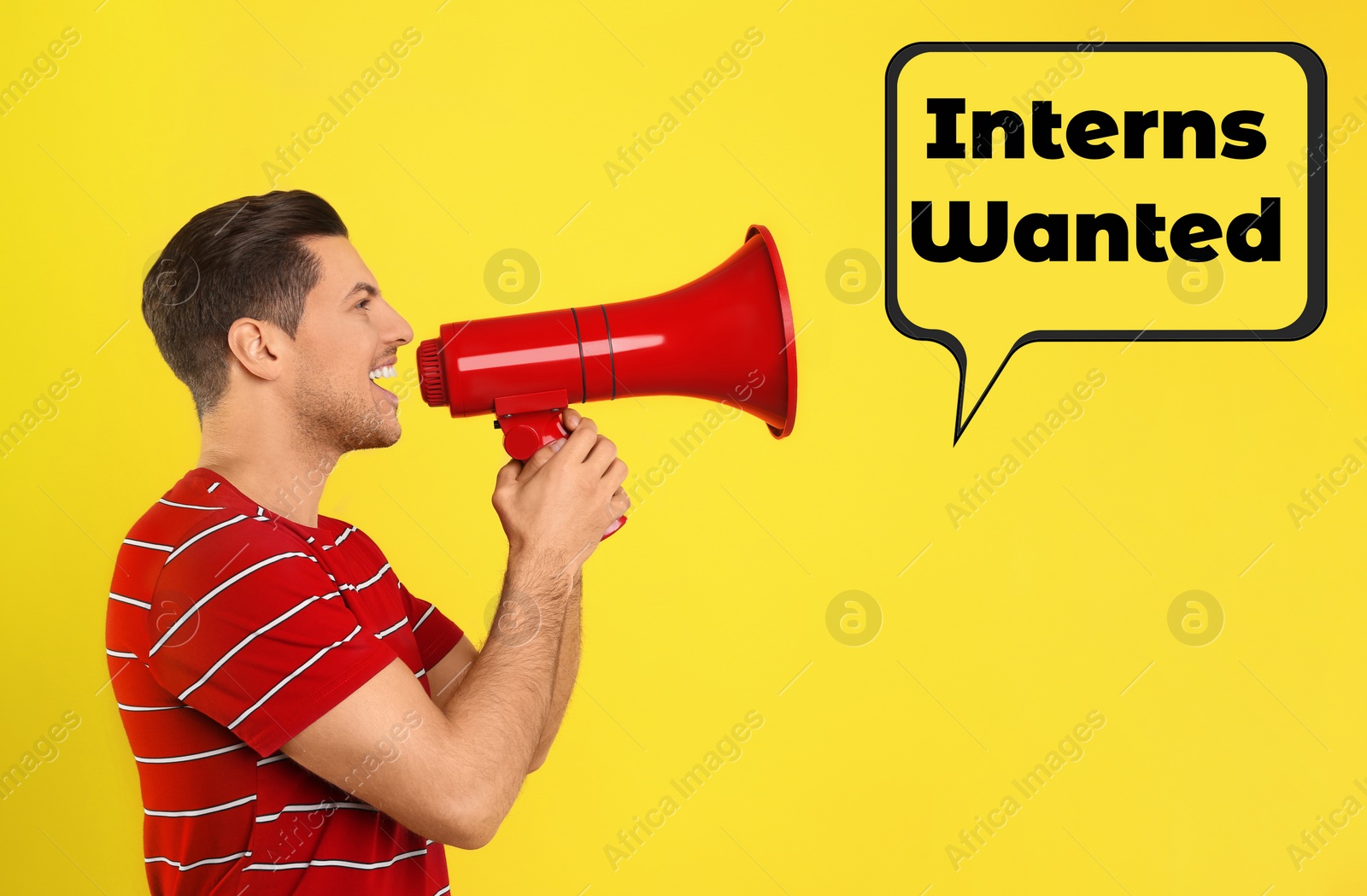 Image of Man with megaphone and text INTERNS WANTED on yellow background