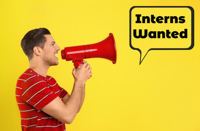 Man with megaphone and text INTERNS WANTED on yellow background