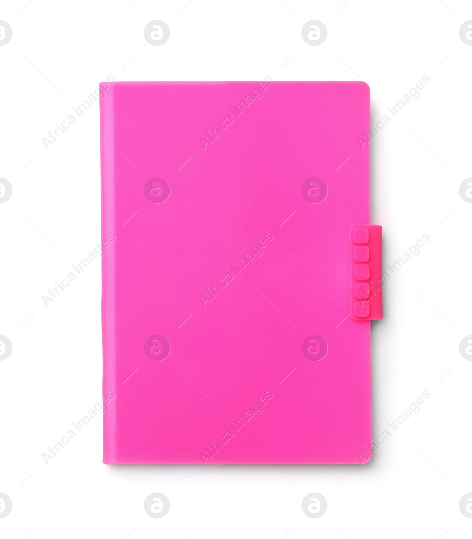 Photo of Stylish pink notebook isolated on white, top view