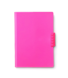 Photo of Stylish pink notebook isolated on white, top view