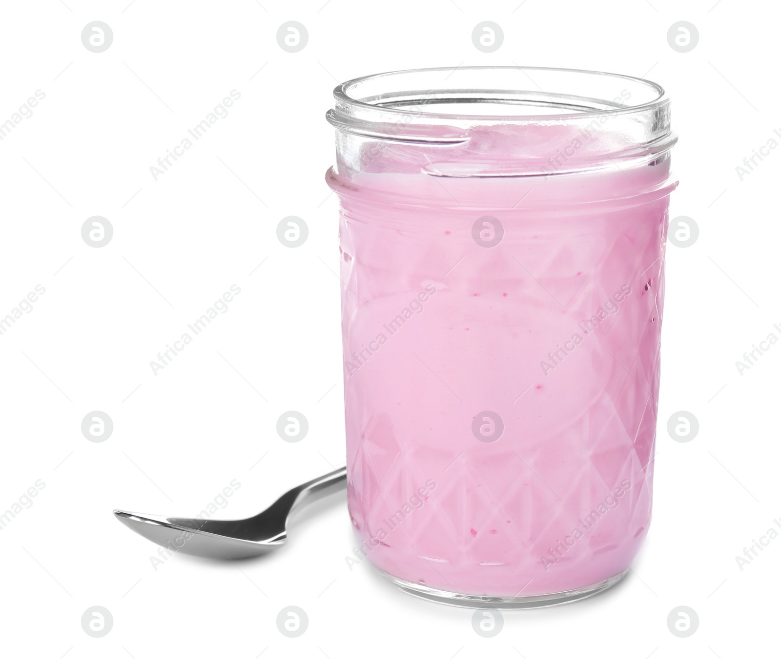 Photo of Jar with yummy yogurt on white background