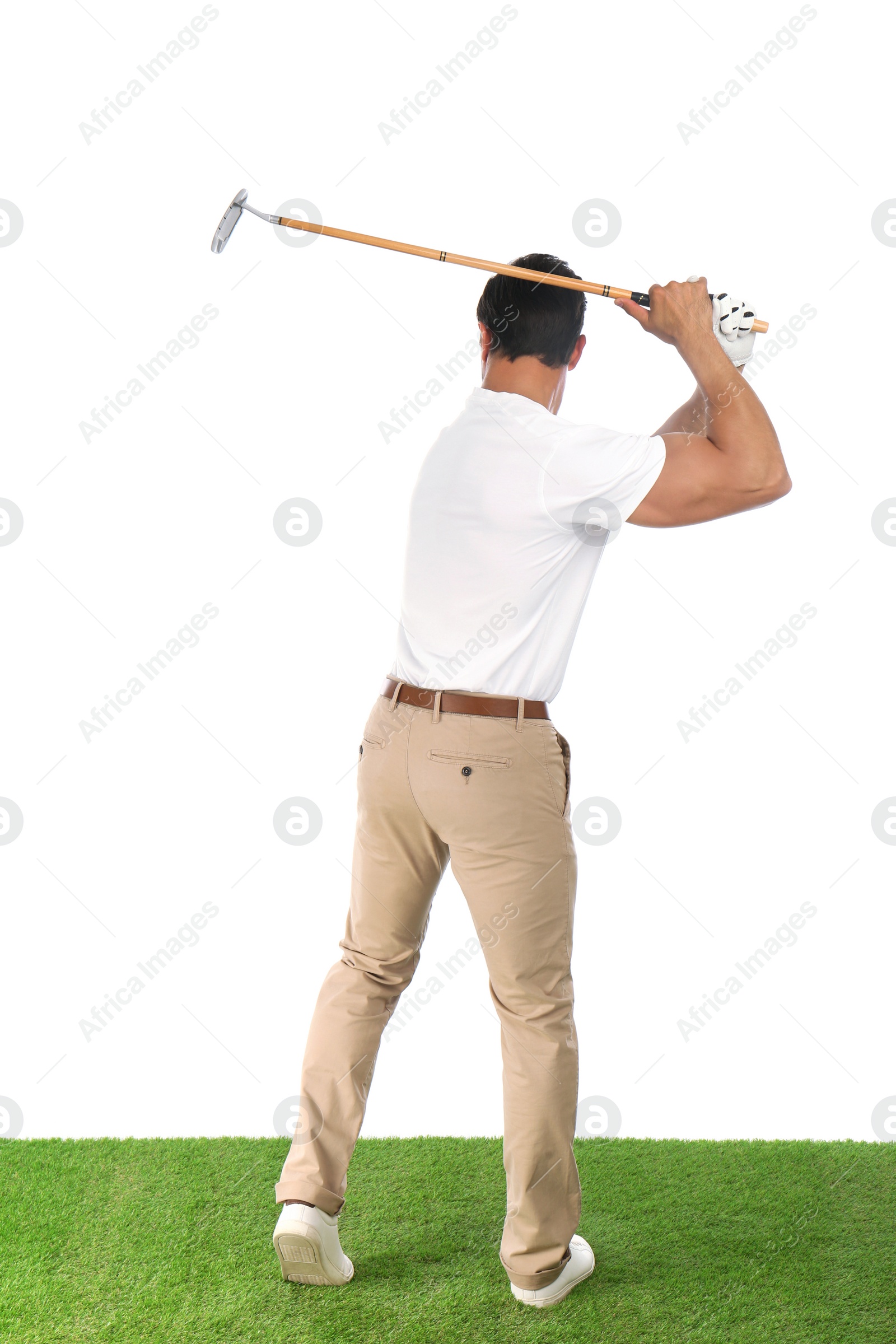 Photo of Young man playing golf on white background