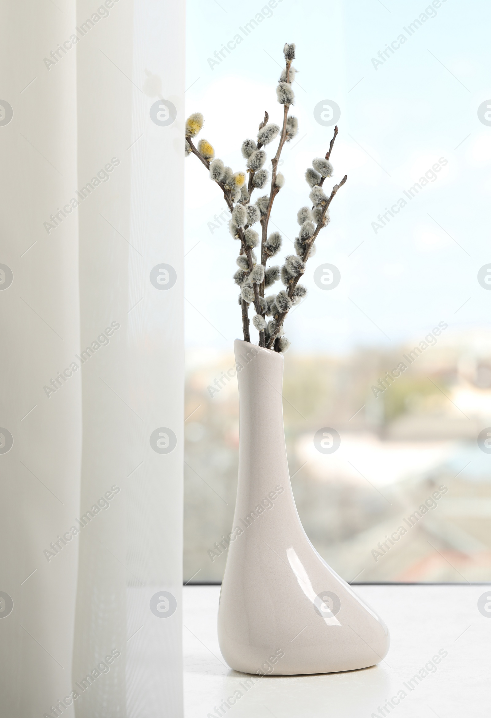 Photo of Beautiful pussy willow branches in vase on window sill indoors