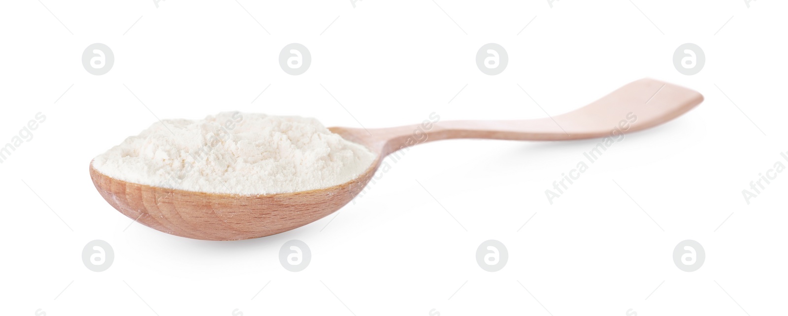 Photo of Wooden spoon with bean flour isolated on white