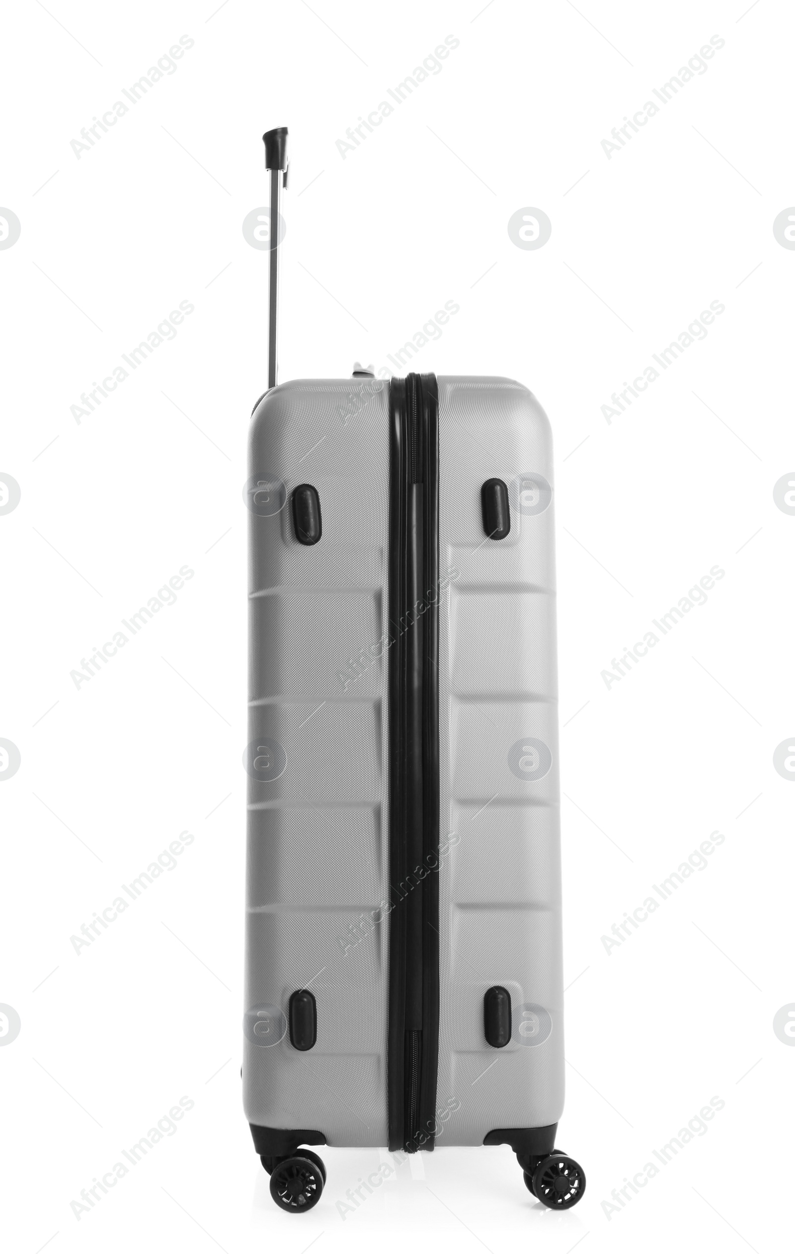 Photo of Grey suitcase for travelling on white background