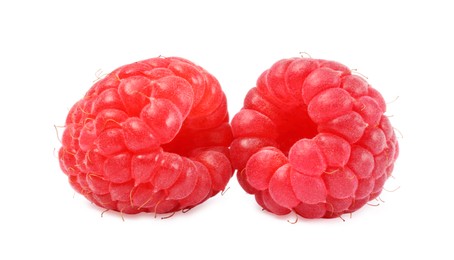 Photo of Two tasty ripe raspberries isolated on white