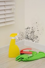 Image of Mold remover spray bottle, rubber gloves and brush on floor near affected walls in room