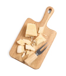 Parmesan cheese with fork and wooden board on white background, top view