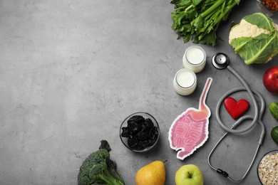 Photo of Layout of gastrointestinal tract model with stethoscope and products to help digestion on grey table, top view. space for text