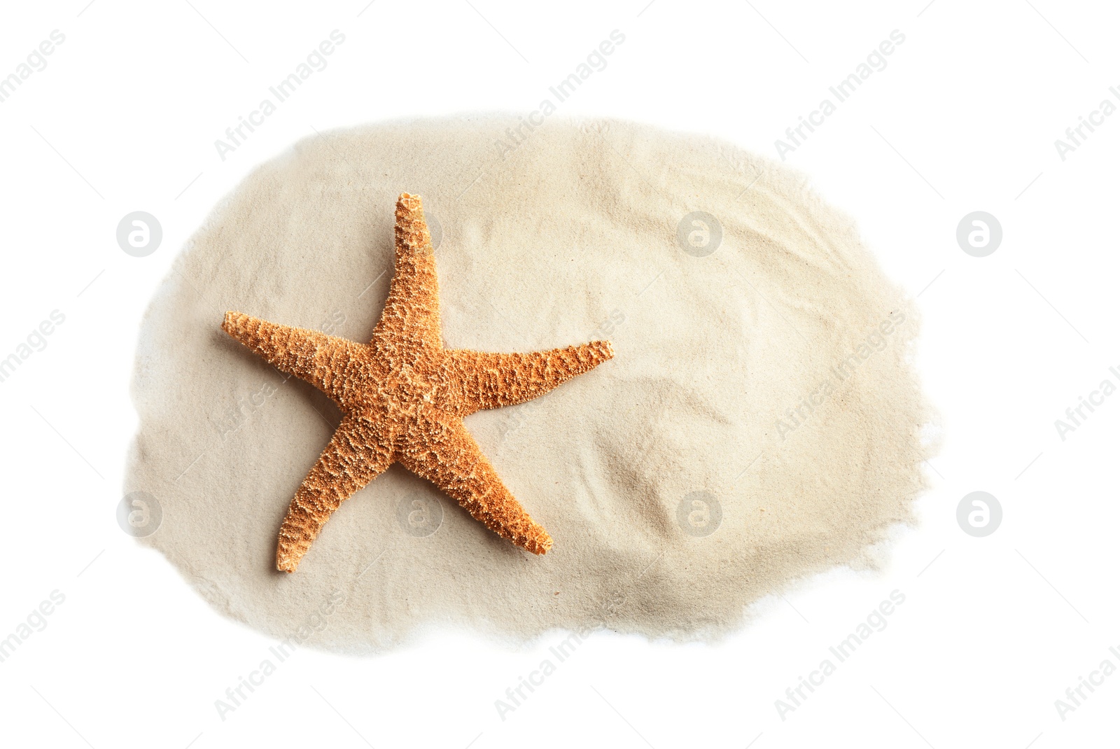 Photo of Composition with beach sand and sea star on white background, top view