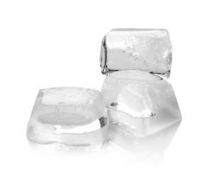 Photo of Transparent ice cubes melting on white background