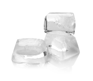 Transparent ice cubes melting on white background