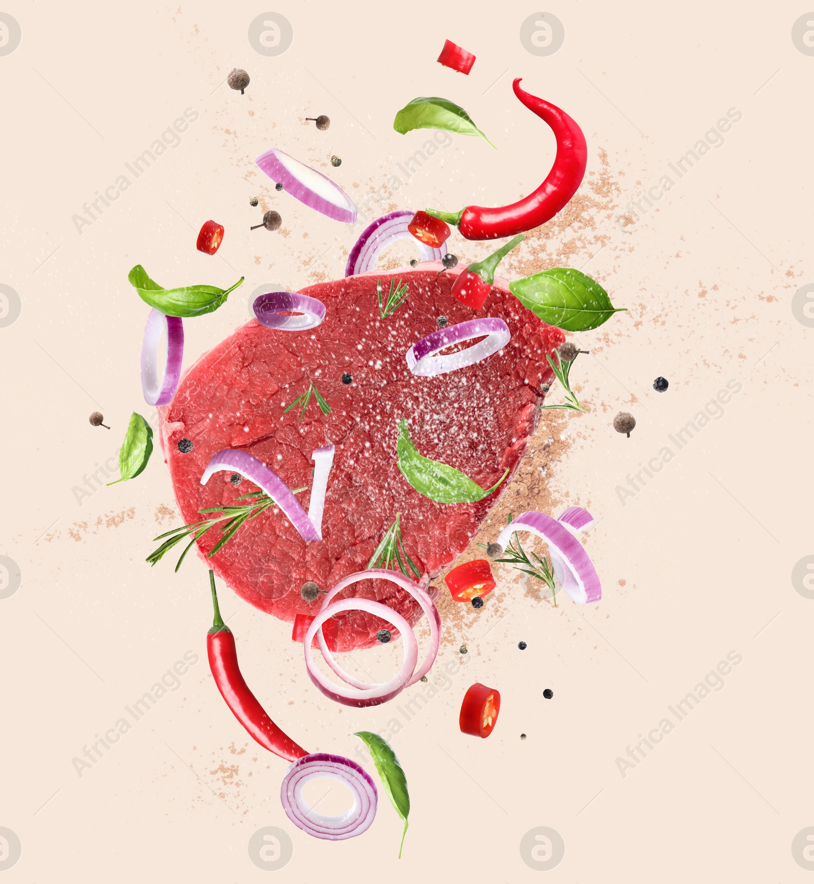 Image of Fresh raw meat and different spices flying on beige background