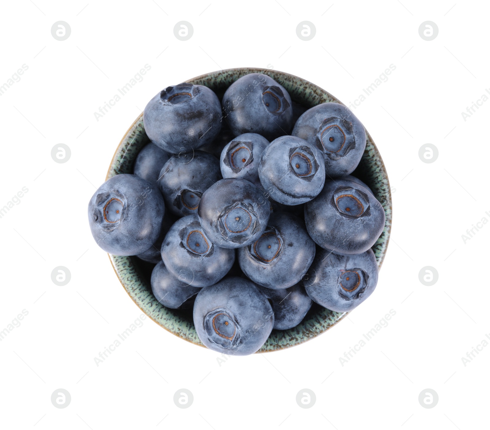 Photo of Fresh ripe blueberries in bowl isolated on white, top view