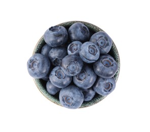 Photo of Fresh ripe blueberries in bowl isolated on white, top view
