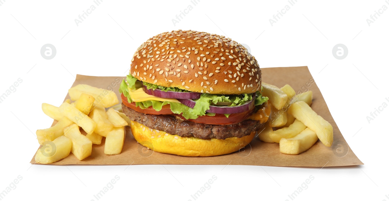 Burger with delicious patty and french fries isolated on white Photo of Burger with delicious patty and french fries isolated on white