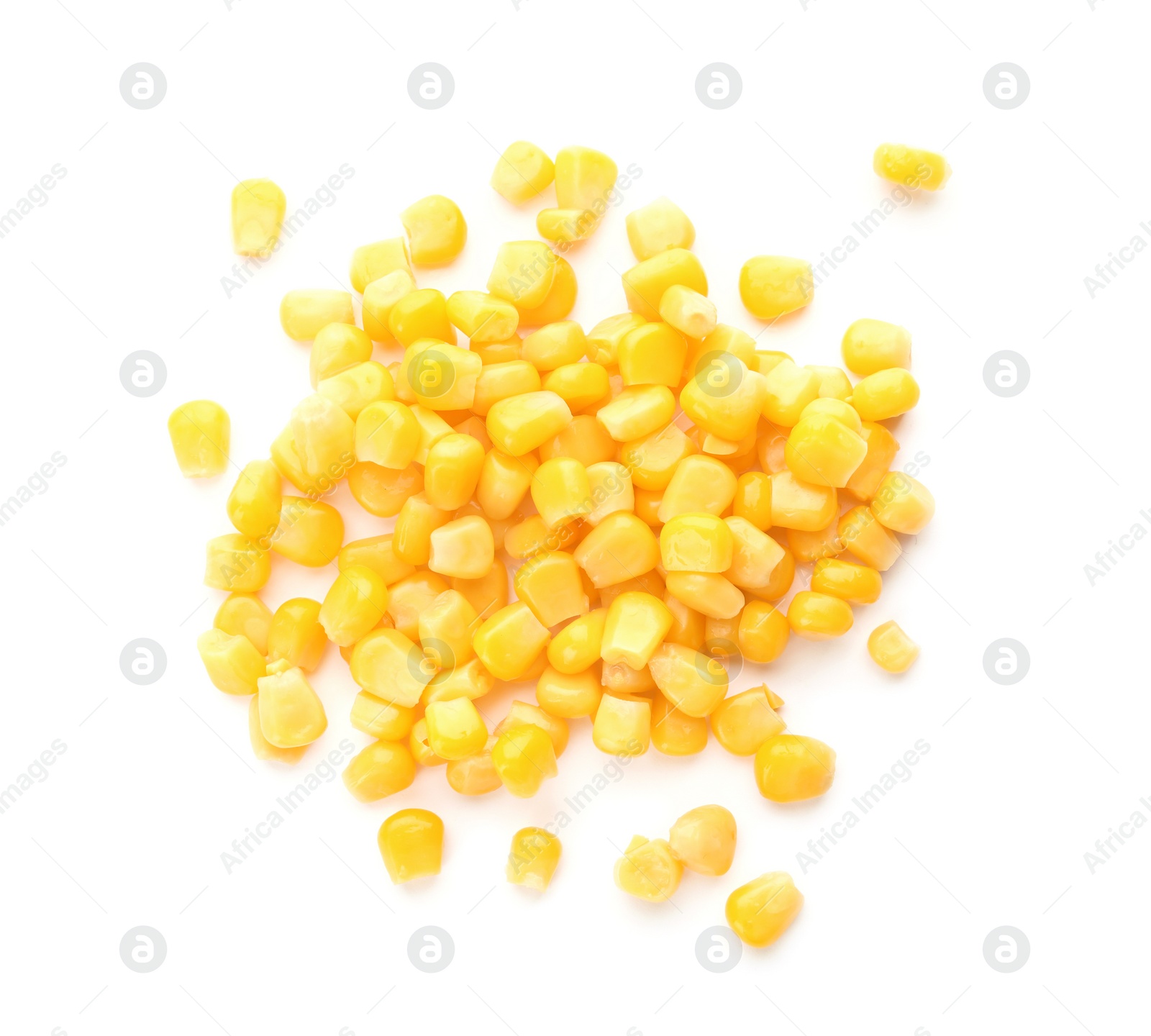 Photo of Tasty ripe corn kernels on white background, top view