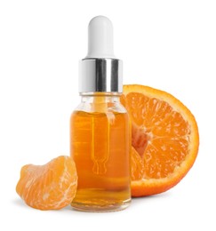 Photo of Aromatic tangerine essential oil in bottle and citrus fruit isolated on white