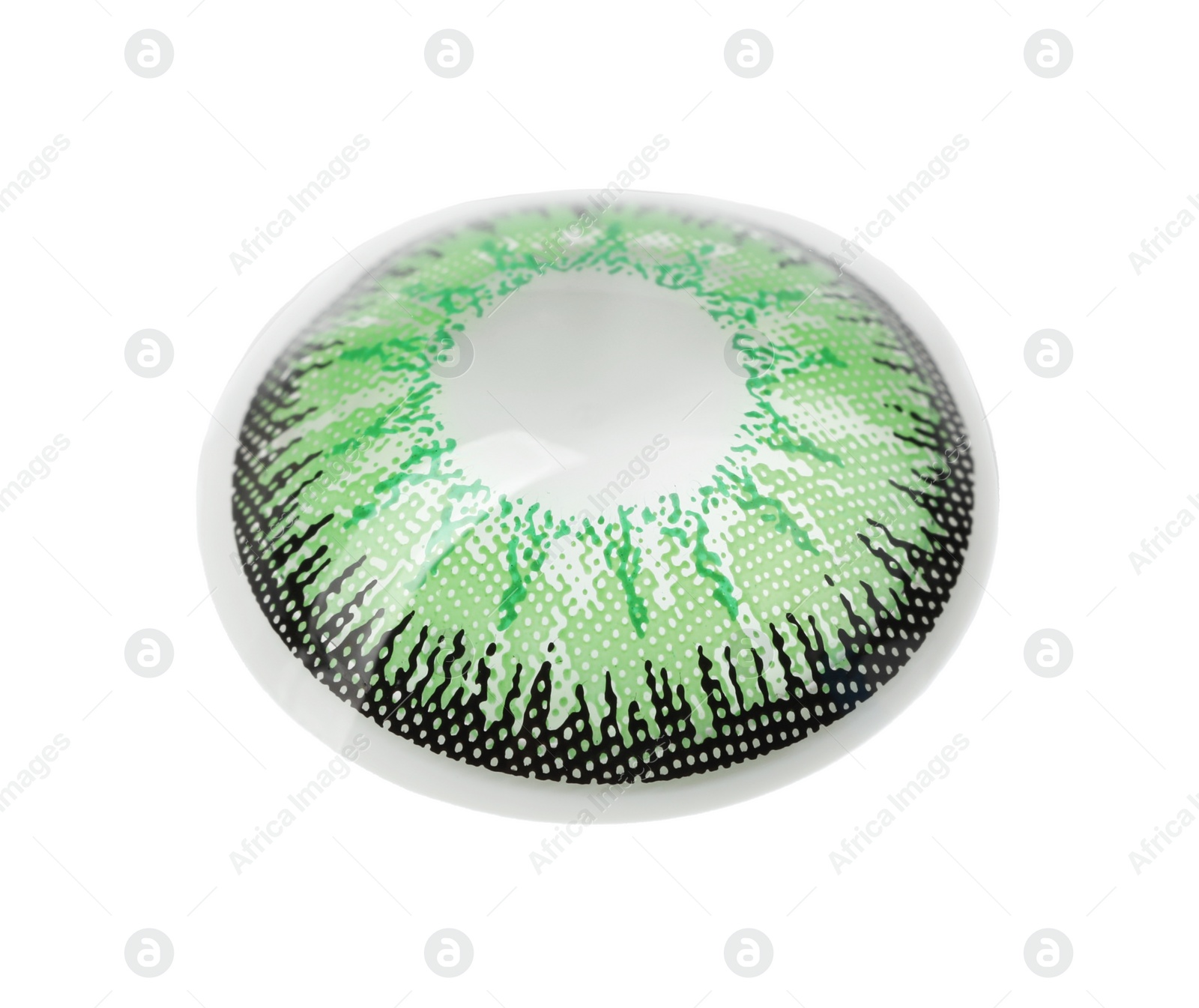 Photo of One green contact lens isolated on white