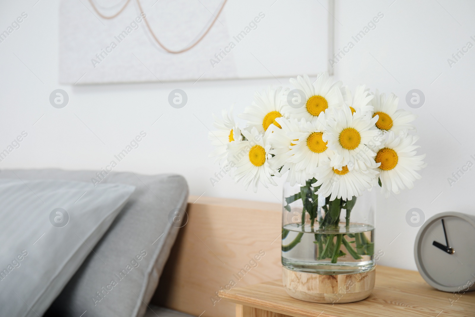 Photo of Bouquet of beautiful daisy flowers and clock on wooden table in bedroom, space for text